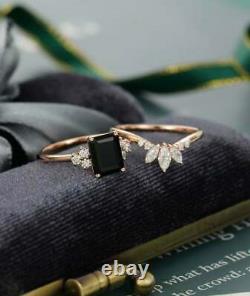 2.20Ct Emerald Cut Black Diamond Bridal Set Engagement Ring 14K Rose Gold Finish