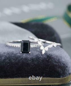 2.20Ct Emerald Cut Black Diamond Bridal Set Wedding Ring 14K White Gold Finish