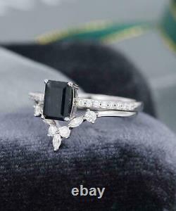 2.20Ct Emerald Cut Black Diamond Bridal Set Wedding Ring 14K White Gold Finish