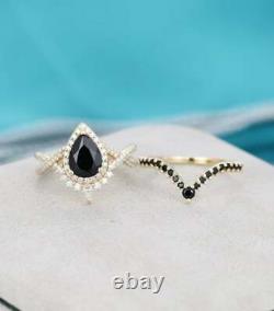 2.20Ct Pear Cut Black Diamond Bridal Set Engagement Ring 14K Yellow Gold Finish