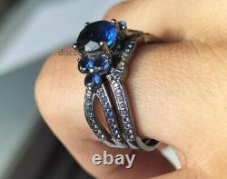 2.20 CT Blue Sapphire His Her Wedding Bands Trio Ring Set 14k Black Gold Finish