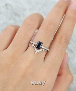 2.20 Ct Emerald Cut Black Diamond Bridal Wedding Ring Set 18K White Gold Finish
