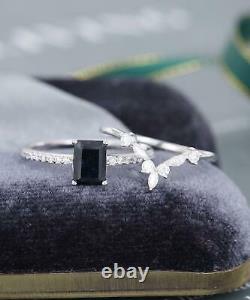 2.20 Ct Emerald Cut Black Diamond Bridal Wedding Ring Set 18K White Gold Finish