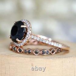 2.20 Ct Round Cut Black Diamond Bridal Engagement Ring Set 18K Rose Gold Finish