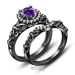 2.25Ct Diamond/ Amethyst Bridal Ring Set 14K Black Gold Finish 925 Silver