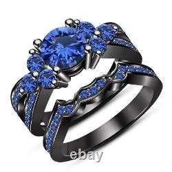 2.25Ct Round Cut Lab-Created Sapphire Wedding Ring Set 14K Black Gold Finish