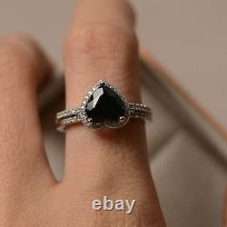 2.45Ct Heart Cut Black Diamond Bridal Set Engagement Ring 14K White Gold Finish