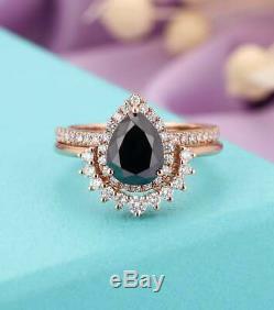2.45Ct Pear Cut Black Diamond Bridal Engagement Ring Set 14K Rose Gold Finish