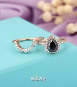 2.45Ct Pear Cut Black Diamond Bridal Engagement Ring Set 14K Rose Gold Finish