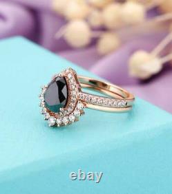 2.45Ct Pear Cut Black Diamond Bridal Set Engagement Ring 14K Rose Gold Finish