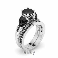 2.50Ct Black Diamond Skull Engagement Wedding Ring Set In 14K White Gold Finish