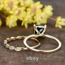 2.50Ct Cushion Cut Black Diamond Bridal Wedding Ring Set 14K Yellow Gold Finish