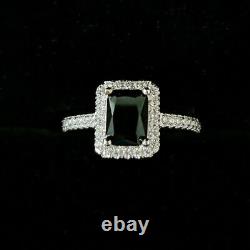 2.50Ct Emerald Cut Black Diamond Halo Engagement Ring Set 14K White Gold Finish