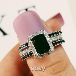 2.50Ct Emerald Cut Black Diamond Halo Engagement Ring Set 14K White Gold Finish