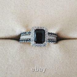 2.50Ct Emerald Cut Simulated Black Diamond Bridal Set Ring 14K White Gold Finish
