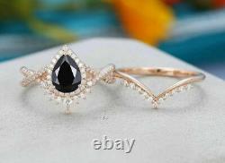 2.50Ct Pear Black Diamond Halo Bridal Set Engagement Ring 14K Yellow Gold Finish