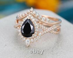 2.50Ct Pear Black Diamond Halo Bridal Set Engagement Ring 14K Yellow Gold Finish