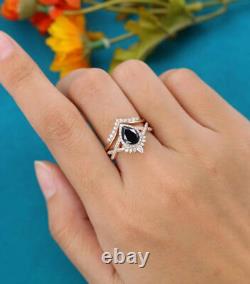 2.50Ct Pear Black Diamond Halo Bridal Set Engagement Ring 14K Yellow Gold Finish