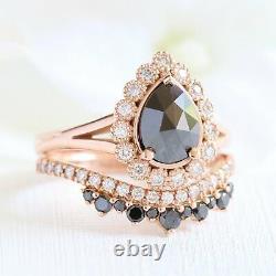 2.50Ct Pear Cut Black Diamond Bridal Set Engagement Ring 14K Yellow Gold Finish