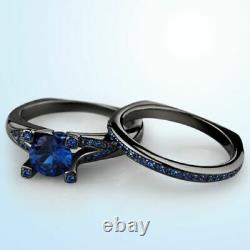 2.50Ct Round Cut Blue Sapphire Bridal Engagement Ring Set 14K Black Gold Finish