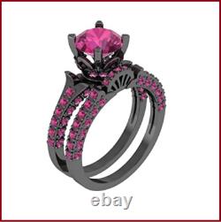 2.50Ct Round Cut Pink Sapphire Bridal Set Engagement Ring 14K Black Gold Finish