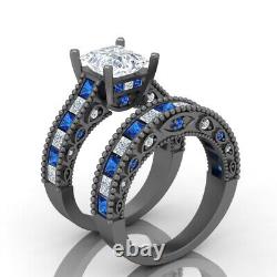 2.50 Ct Princess Cut Diamond Gothic Bridal Set Ring Sterling Silver Black Finish
