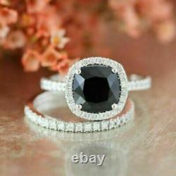 2.5CT Cushion Cut Black Diamond Engagement Ring Set Solid 14K White Gold Finish