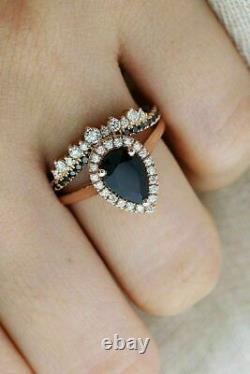 2.65Ct Pear Cut Black Diamond Bridal Set Engagement Ring in 14K Rose Gold Finish