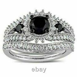 2.75Ct Round Cut Black & White CZ 14K White Gold Finish Wedding Bridal Ring Set