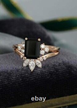 2.80Ct Emerald Cut Black Diamond Bridal Set Engagement Ring 14K Rose Gold Finish