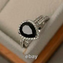 2.85Ct Brilliant Pear Cut Black Diamond Bridal Ring Set 14K White Gold Finish