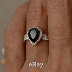 2.85Ct Brilliant Pear Cut Black Diamond Bridal Ring Set 14K White Gold Finish