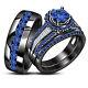 2.92 Ct Blue Sapphire Trio Wedding Ring His Hers Bands Set And Black Gold Finish