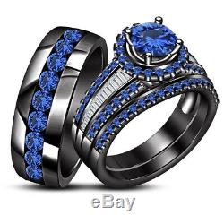 2.92 Ct Blue Sapphire Trio Wedding Ring His Hers Bands Set And Black Gold Finish
