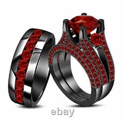 2. CT Round-Cut Red Garnet His & Her Trio Wedding Ring Set 14k Black Gold Finish