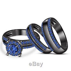 2 Ct Blue Sapphire Engagement Ring Wedding Trio Bridal Set 14K Black Gold Finish