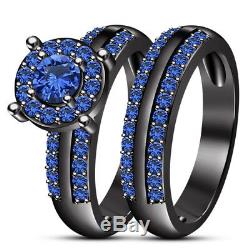 2 Ct Blue Sapphire Engagement Ring Wedding Trio Bridal Set 14K Black Gold Finish