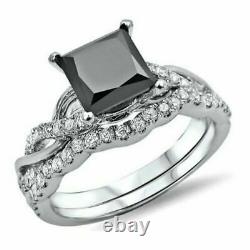 2 Ct Princess Cut Black Diamond Bridal Set Engagement Ring 14K White Gold Finish