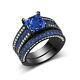 2 Ct Princess Cut Blue Sapphire Bridal Set Engagement Ring 14k Black Gold Finish