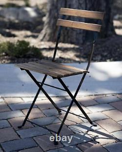 2 PACK French Bistro Style Folding Metal Chair Set with Slated Natural Wood Finish