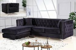 2pc Sectional Sofa Set Black Velvet Finish Contemporary Living Room Furniture