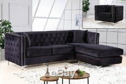 2pc Sectional Sofa Set Black Velvet Finish Contemporary Living Room Furniture