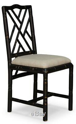 39 H Set of Two Bamboo Dining Chair Birch Wood Black Finish Linen Fabric