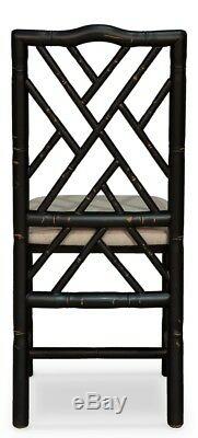 39 H Set of Two Bamboo Dining Chair Birch Wood Black Finish Linen Fabric