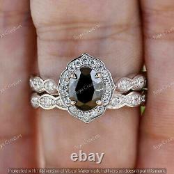 3CT Black Diamond Oval Cut Engagement Bridal Ring Set 14K White Gold Finish