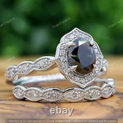 3CT Black Diamond Oval Cut Engagement Bridal Ring Set 14K White Gold Finish