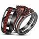 3ct Pear-cut Red Garnet His & Her Trio Couple Ring Set 14k Black Gold Finish