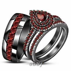 3CT Pear-Cut Red Garnet His & Her Trio Couple Ring Set 14k Black Gold Finish