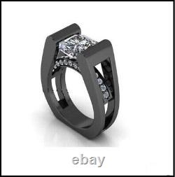 3CT Round Cut Tension Set Moissanite Men's Wedding Ring 14K Black Gold Finish