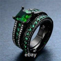 3CT Simulated Diamond Emerald Engagement Wedding Ring Set 14K Black Gold Finish